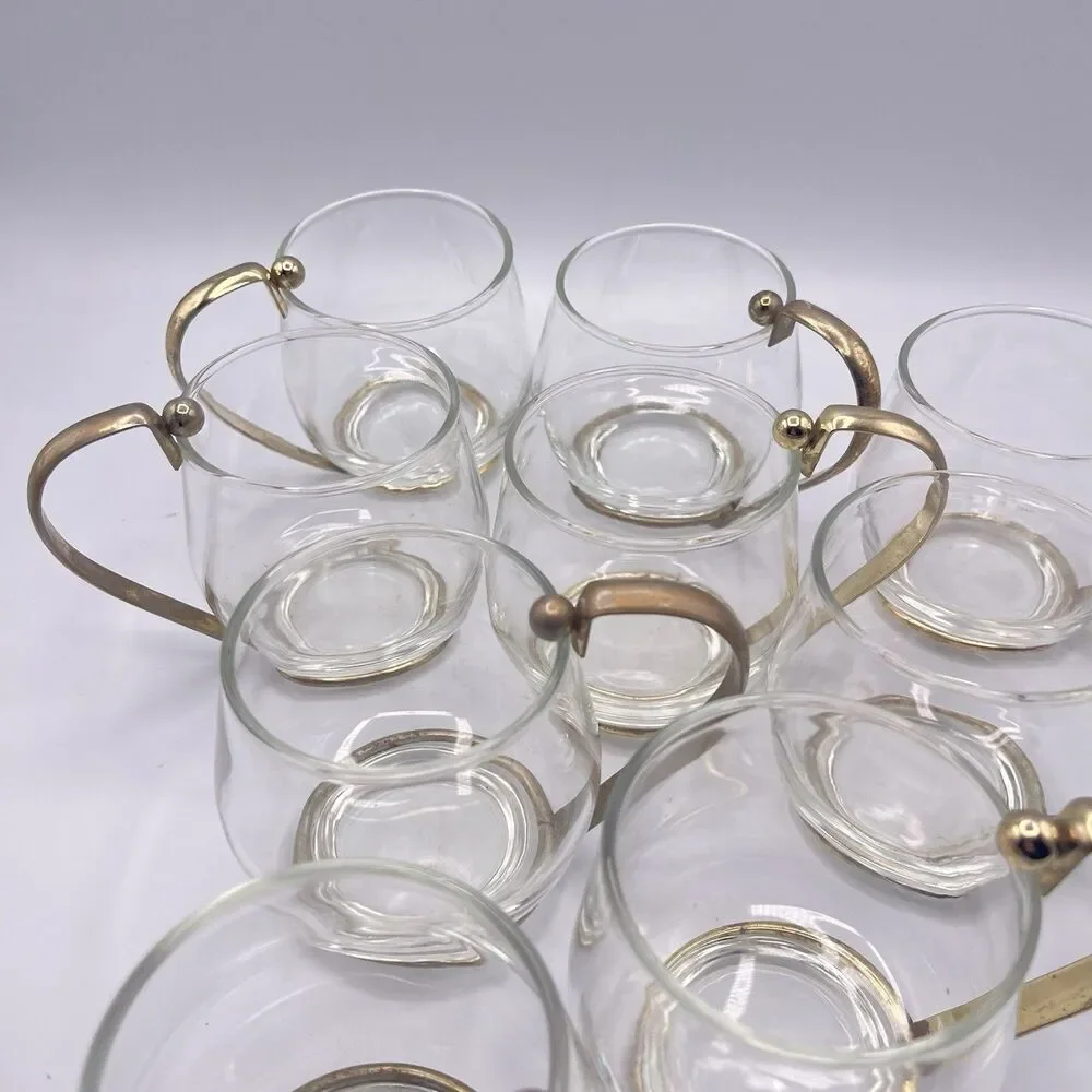 11 Vintage Brass Handled Glass Mugs Mid Century Modern Bar Ware